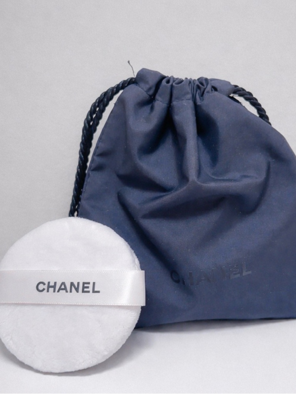 CHANEL Drawstring Pouch + Powder Puff Set Travel Cosmetic Bag